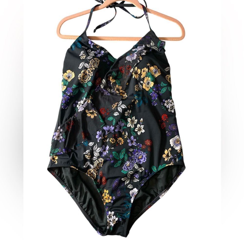 Time and Tru One Piece gray and Floral ruffle tie neck padded XL 16-18 Swimwear